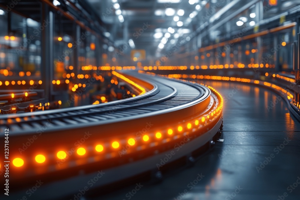 Poster automated conveyor belts efficiently move packages through a high-tech facility illuminated by vibra