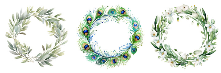 Obraz premium Set of three decorative wreaths: olive branches, peacock feathers, and white flowers isolated png