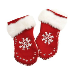 Red christmas stockings with white snowflake patterns and fluffy tops isolated png