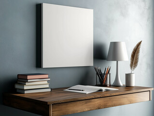 Desk in modern workspace home decor with books lamp and decor elements