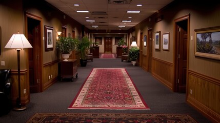 A quiet and tastefully decorated hotel hallway featuring warm lighting, elegant carpeting, and paintings on the walls, creating an inviting and sophisticated ambiance for guests