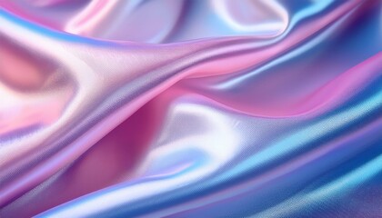 Obraz premium Abstract iridescent fabric background with wavy texture reflecting holographic colors in pastel shades of pink and blue