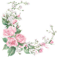 Floral arrangement of pink roses and white baby's breath on transparent background isolated png