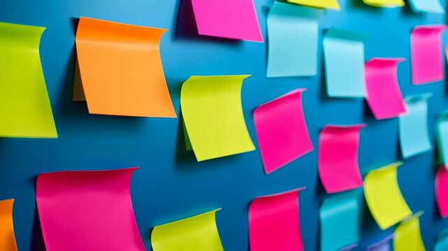 Colorful sticky notes on a blue wall, symbolizing creativity and organization, perfect for office-themed projects
