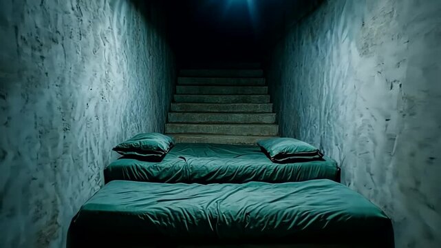 Dimly lit basement with twin beds and stairs, evoking mystery and Halloween ambiance