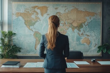 Professional woman stands with her back to the viewer, analyzing a large world map on the wall in a well-lit office space