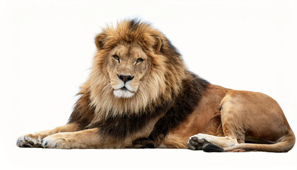 A majestic lion lying down with a thick golden mane, muscular build, and piercing gaze, isolated on a white background, symbolizing strength, royalty, and wildlife.