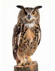 Obraz premium A majestic owl standing with its sharp talons, intricate feather patterns, and piercing eyes, isolated on a white background, symbolizing wisdom, nocturnal nature, and wildlife.