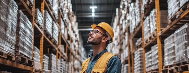 Big Data Center Chief Technology Officer utilizes a laptop to monitor warehouse operations, assessing stock management in a high-tech facility