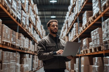 Technology officer manages big data initiatives while surrounded by organized pallets of goods in a spacious warehouse environment