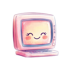 Cute smiling vintage computer with blush in a whimsical cartoon style isolated png