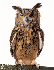 Fototapeta premium A majestic owl standing with its sharp talons, intricate feather patterns, and piercing eyes, isolated on a white background, symbolizing wisdom, nocturnal nature, and wildlife.