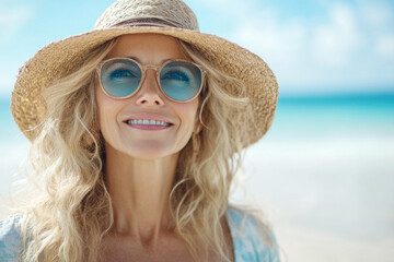 Blissful middle aged woman relaxes on a beach vacation, wearing sunglasses and a straw hat while enjoying the beautiful ocean view