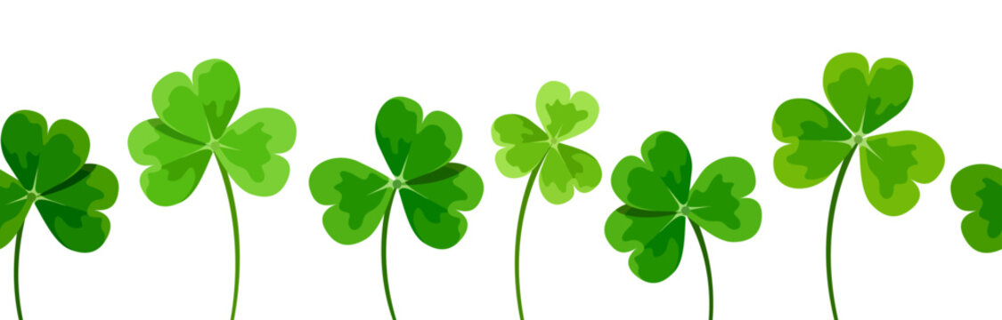 St. Patrick's day horizontal seamless background with green clover leaves (shamrock) on a white background. Vector seamless border