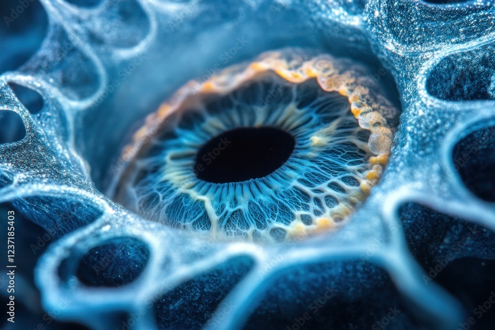 Poster a macro view reveals the captivating structure of a blue eye surrounded by swirling textures and dyn