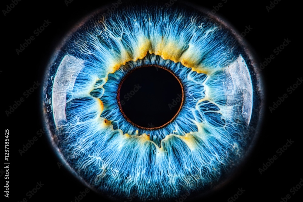 Poster close-up of a blue eye showcasing mesmerizing patterns and vibrant colors, revealing the complexity 