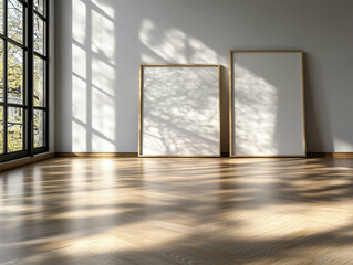 Empty room with two picture frames on the floor. Empty art gallery with sunlight on the wooden floor