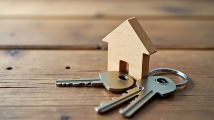 Wooden house model with keychain and two keys, homeownership concept