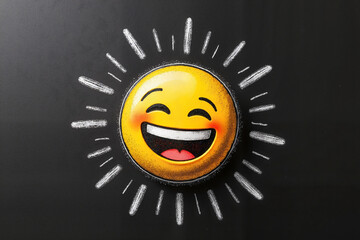 Sticker with a cheerful laughing emoji radiating joy on a black chalkboard background, playful children's drawing illustration concept.