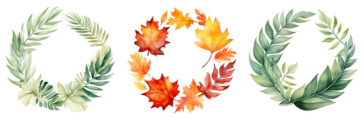 Obraz premium Autumn and greenery leaf wreaths set with vibrant fall colors isolated png