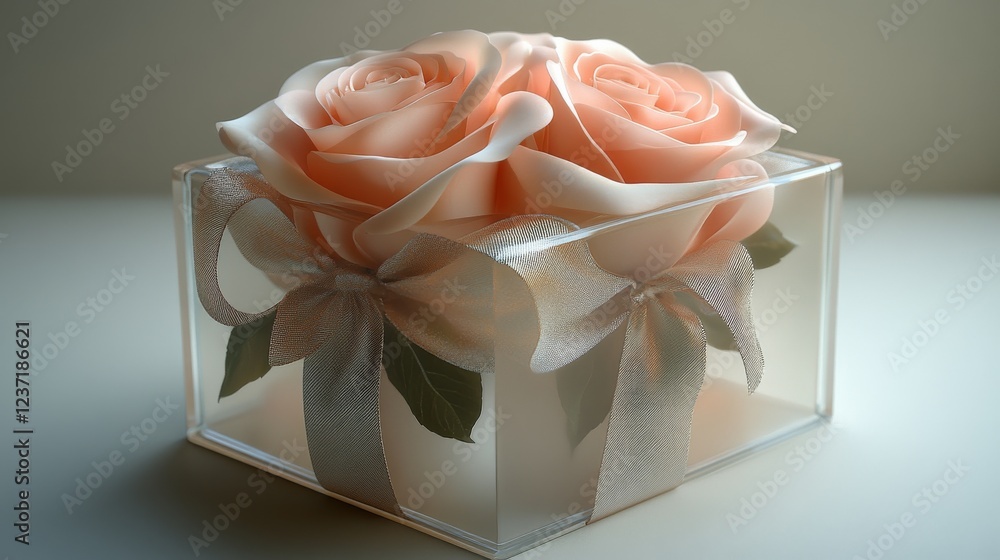 Poster captivating translucent acrylic cube box with delicate fabric interior, ethereal space-inspired artw