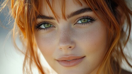 Radiant Redhead: Close-up Portrait with Sunlit Freckles and Emerald Eyes