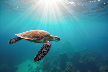 Fototapeta premium Leatherback turtle gracefully swimming in the open ocean under bright sunlight, showcasing the delicate beauty of marine life.