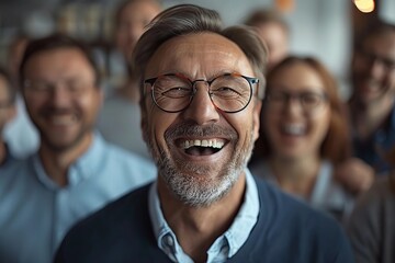 Obraz premium Confident Businessman in Eyeglasses Stands Proudly Before Colleagues in Office, Smiling and Reviewing Tablet on Desk