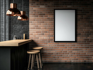 Bar counter with stools in modern interior design with brick wall and copper pendant lights. Modern bar counter with wooden stools and black frame poster on brick wall in interior
