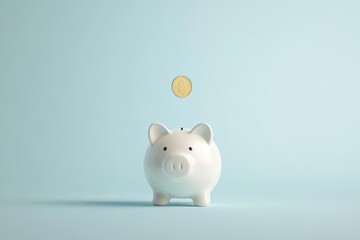 Piggy bank pig on a white background, a coin is inserted from above