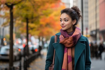 Fototapeta premium A woman walking down a city street in autumn, wearing a stylish coat and scarf, 