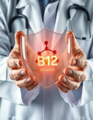 Doctor displays a protective shield representing Vitamin B12 benefits