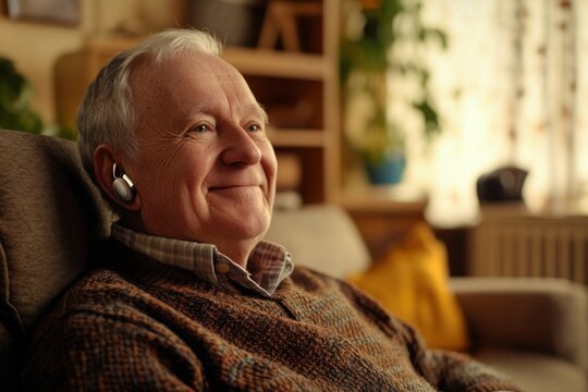 world hearing day awareness. elderly caucasian man smiling warmly while wearing hearing aid, sitting comfortably indoors with bookshelf in background. healthy aging, healthcare. - Powered by Adobe