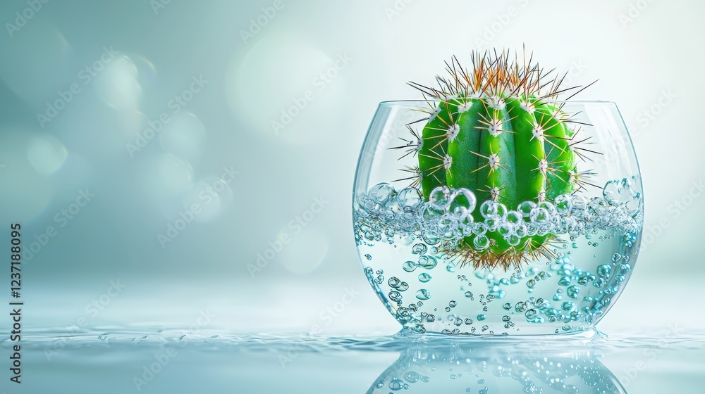Poster small cactus floating in water with bubbles creating a refreshing underwater visual effect in a sere