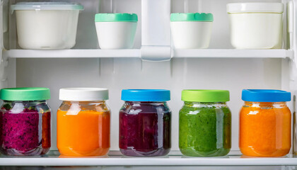 A collection of colorful homemade baby purees, carrot, spinach, and beetroot, stored in glass jars arranged in a neat row