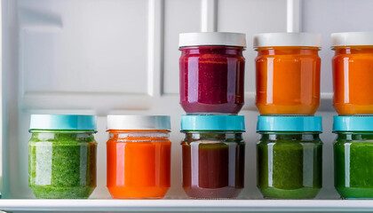A collection of colorful homemade baby purees, carrot, spinach, and beetroot, stored in glass jars arranged in a neat row