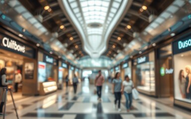 Busy indoor shopping mall with shoppers strolling along stylish stores during the day