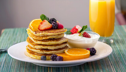 A colorful breakfast plate featuring fluffy pancakes topped with fresh fruit slices, a side of creamy yogurt and a small glass of refreshing orange juice, placed on a bright and cheerful table setting