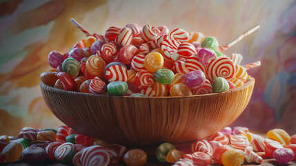 Wooden bowl of colourful candy