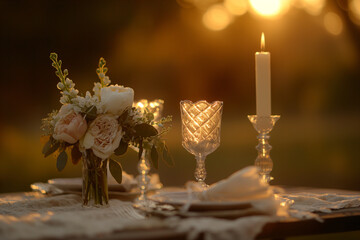 Elegant Outdoor Dinner Table Setting at Sunset with Candles and Flowers