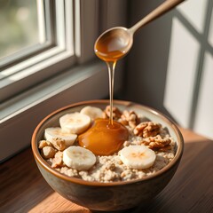 Healthy oatmeal breakfast featuring a beautifully arranged bowl of oats with sliced bananas, walnuts, and a drizzle of honey. 