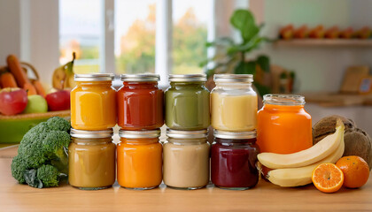 A display of organic baby food in glass jars and pouches, carefully arranged on a rustic wooden table with fresh fruits and vegetables in the background, creating a nutritious feeding scene