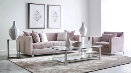 An elegant living room with a serene palette of soft pastels