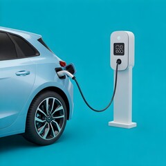 car is being charged.  A white electric charging port is connected to the car's rear by a dark gray cable.  The car is positioned in the mid-ground, filling most of the image. 