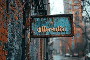 Weathered Turquoise 'Differential' Sign Mounted on Rusted Post in Urban Alley, Capturing the Gritty Charm of City Streets on an Overcast Day