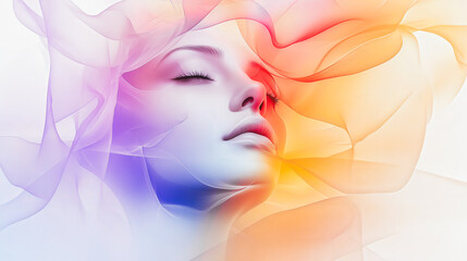A woman's face is shown in a colorful, abstract style