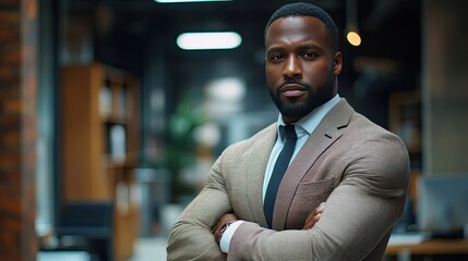 Fototapeta premium Portrait of an ambitious, confident Black CEO standing with arms crossed in an office, proud of his career achievements and success