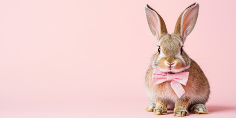 Obraz premium White rabbit wearing bow tie on solid pastel background with confetti. Celebrating Easter.
