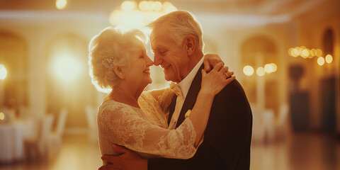 Elderly couple dancing at an elegant ballroom under soft golden lighting. Senior man and woman dressed in formal attire, spouses in love.