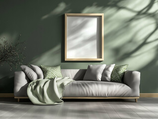 Sofa in living room with green pillows and blanket. Home decor with frame on the wall and shadows